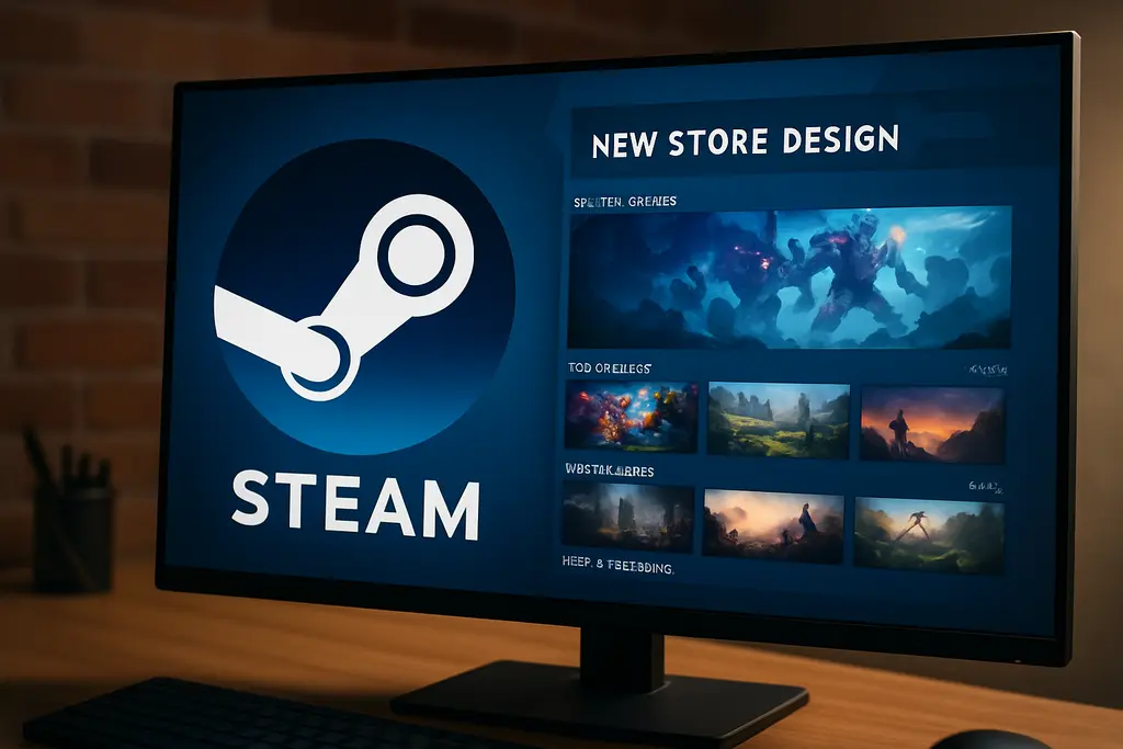 Steam 상점 재설계를 상징하는 로고와 변화하는 화면