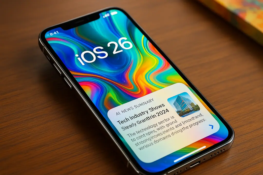 iOS 26의 Liquid Glass 인터페이스와 AI 뉴스 요약 기능이 적용된 아이폰 화면