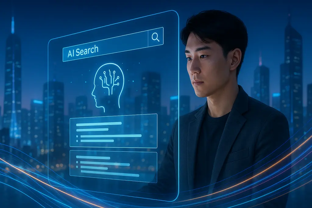 미래 AI 검색 기술과 개인화된 정보 제공을 상상한 이미지