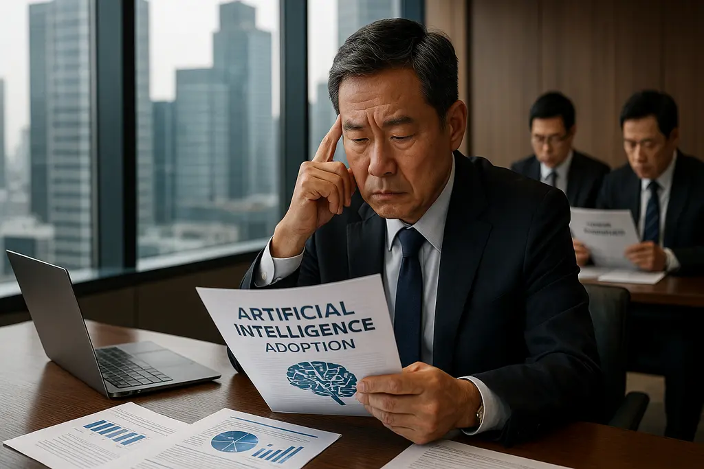 AI 도입을 고민하는 한국 대기업 CEO의 회의 장면