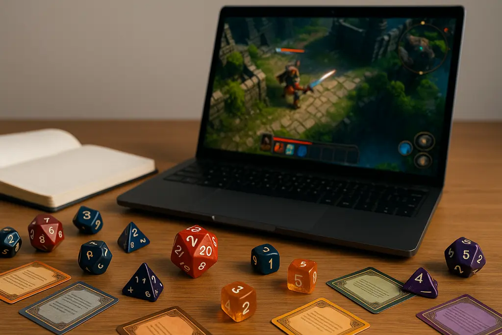 TTRPG와 비디오 게임의 융합을 상징하는 이미지