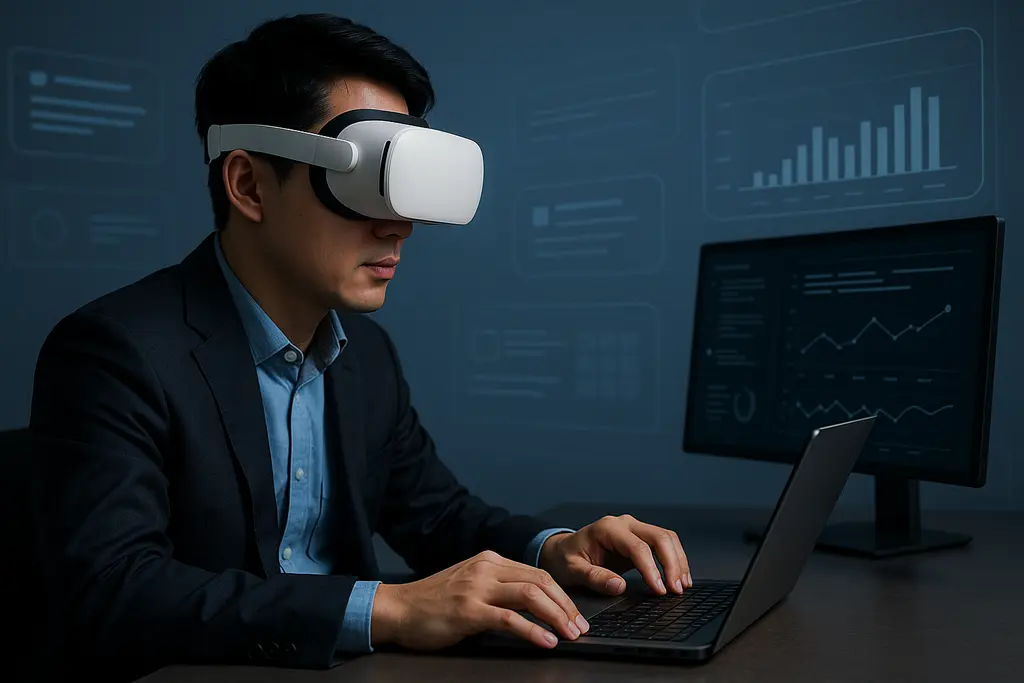 VR/MR 헤드셋을 활용하여 업무를 수행하는 직장인의 모습